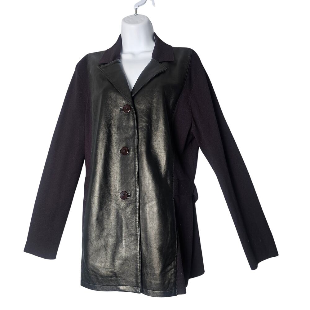 Anne Klein‎ AK Women's Black Leather & Knit Blazer Jacket Size XL Y2K Officecore